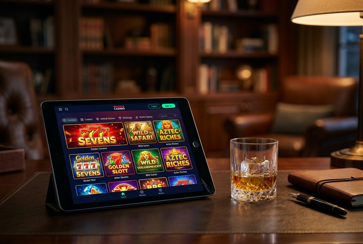 A luxury tablet showing a top-rated online casino interface.