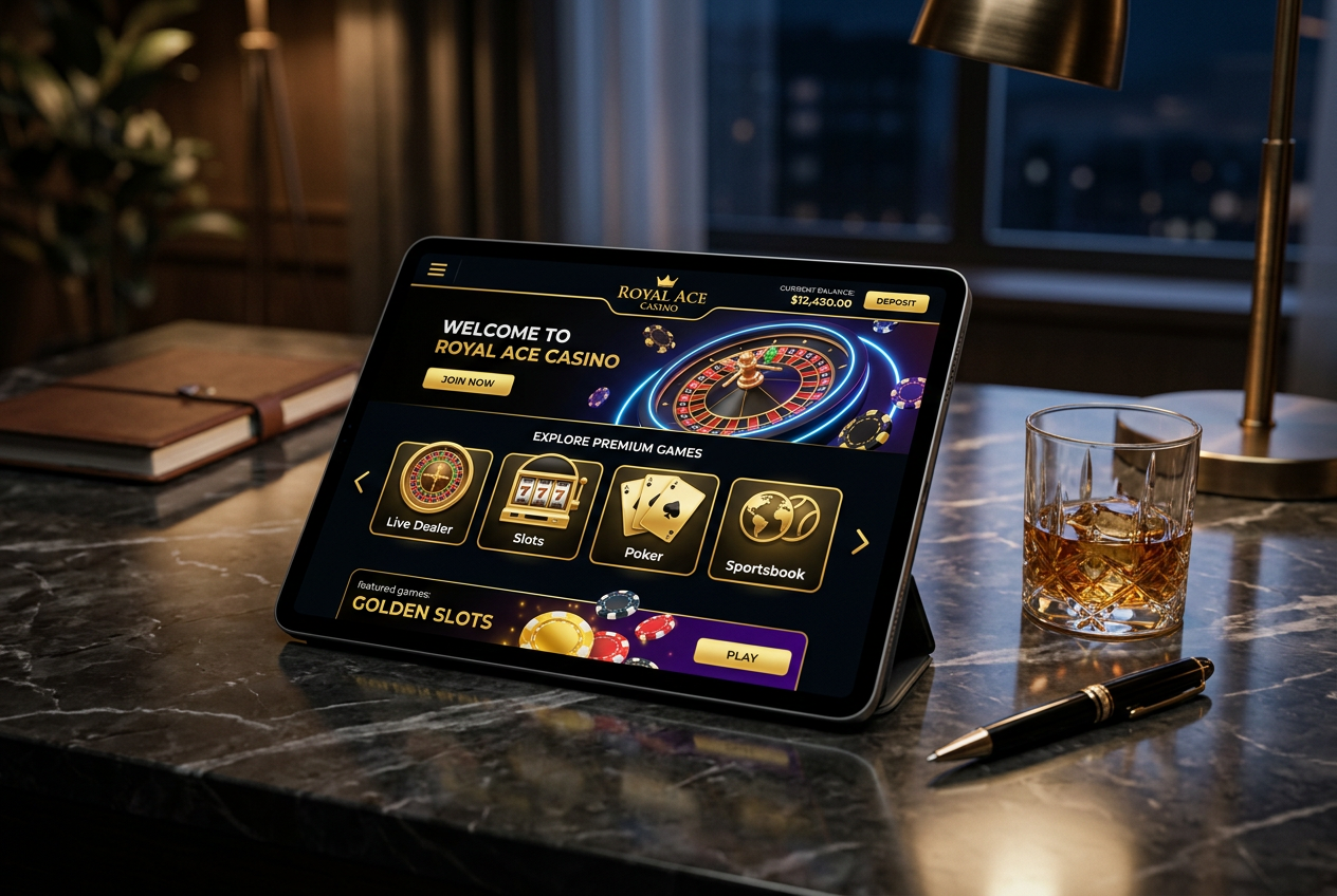 A high-end digital casino interface on a tablet screen with gold and neon accents