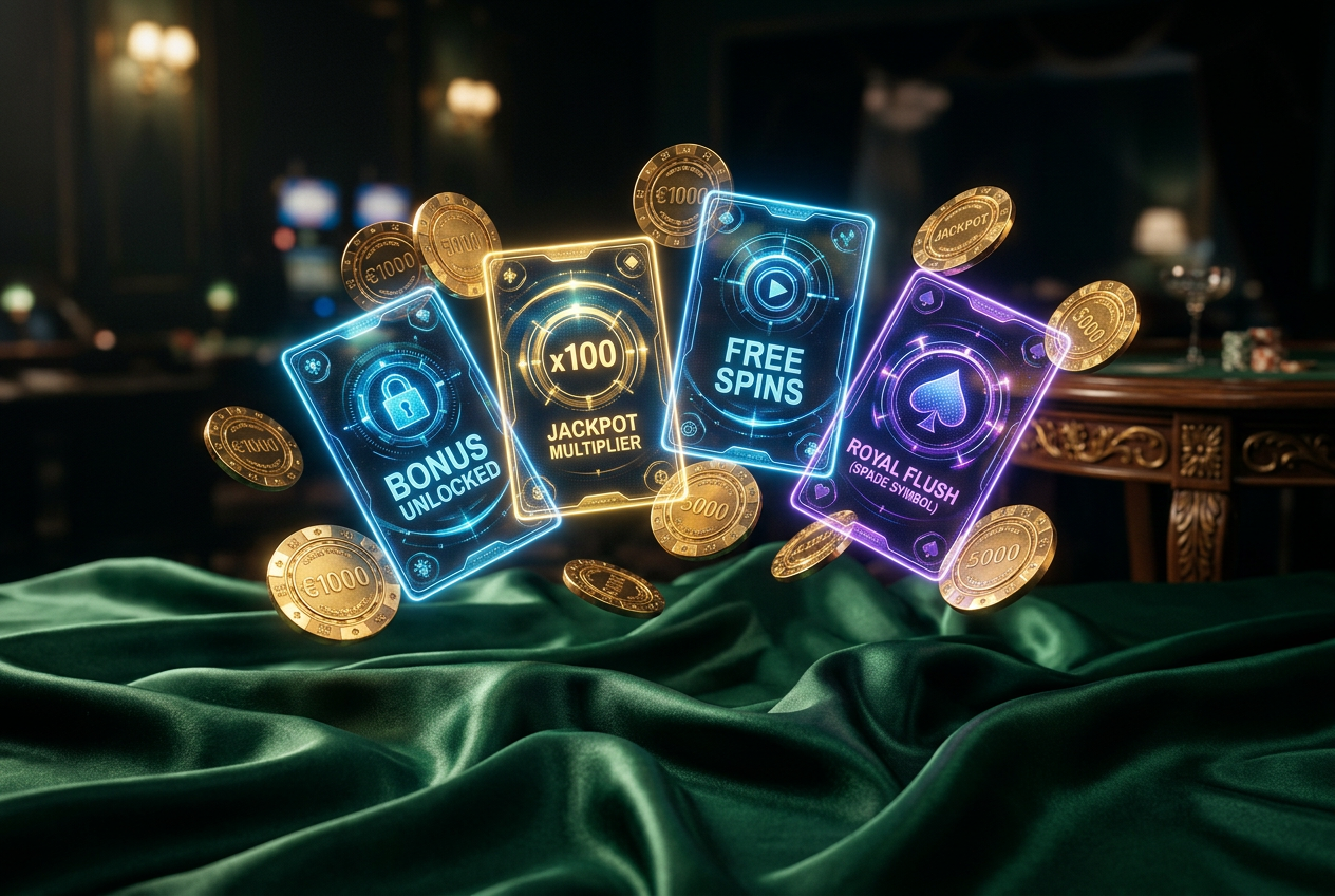 Glowing digital bonus cards and casino chips appearing as floating holograms over a piece of fine silk fabric