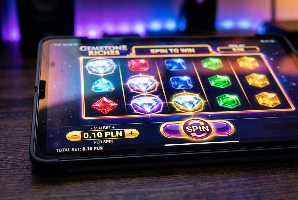 Extreme close-up of a digital slot machine showing a 0.10 PLN bet
