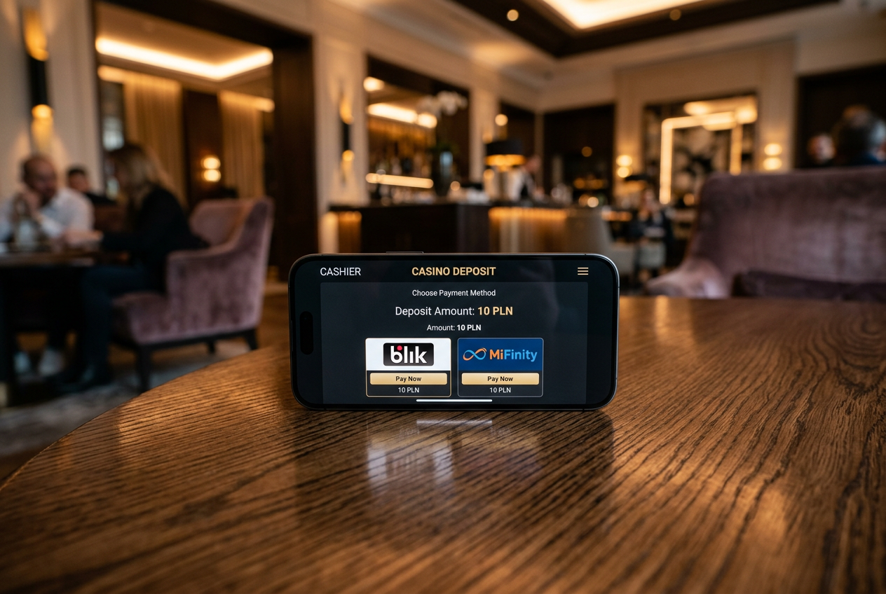 Smartphone displaying a 10 PLN deposit option with BLIK and MiFinity logos