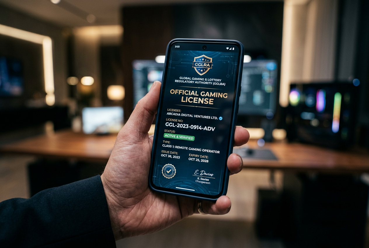Close-up of a hand using a smartphone to verify a casino's license.